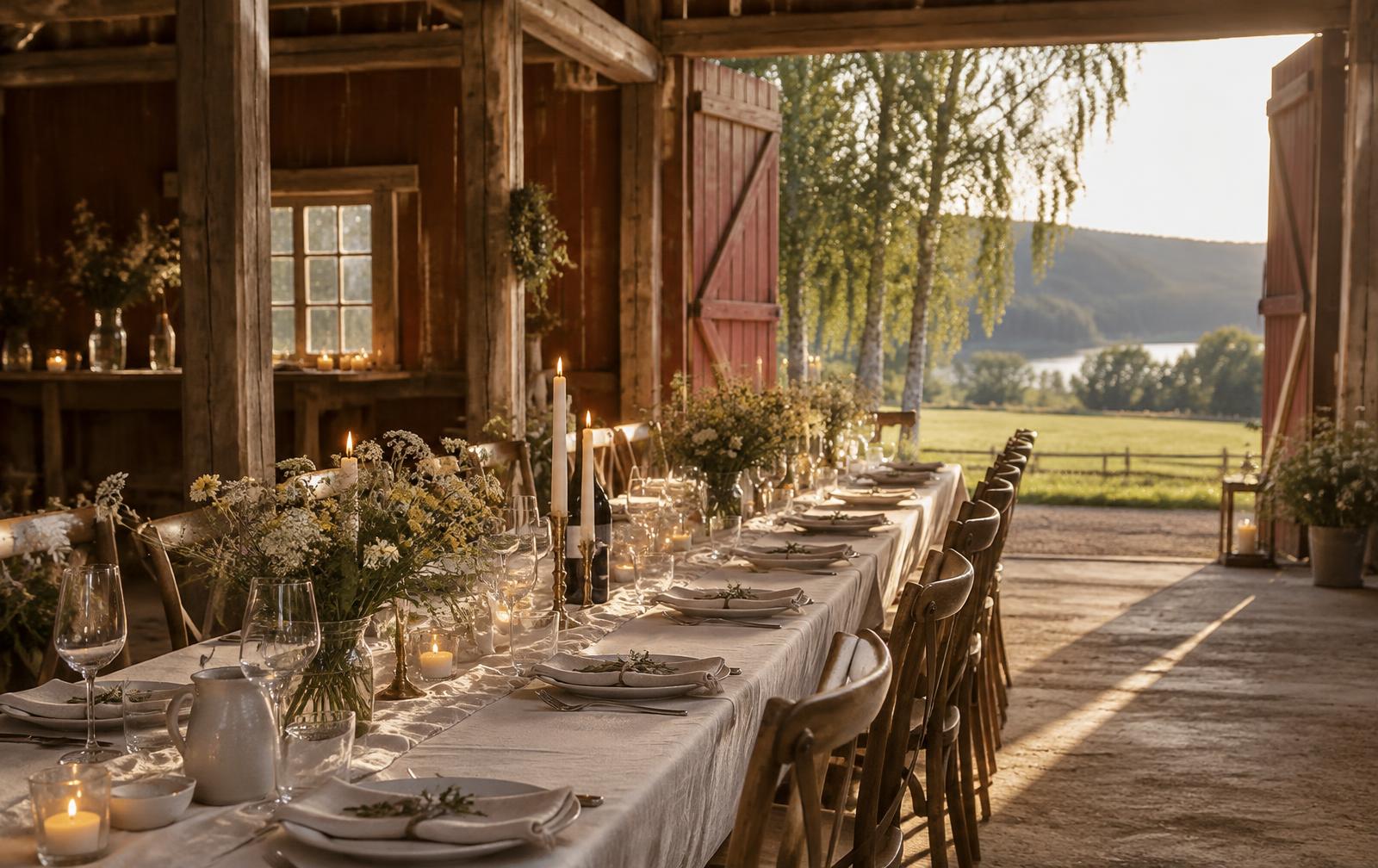 Langbord dekket til bryllup i en låve på Østlandet